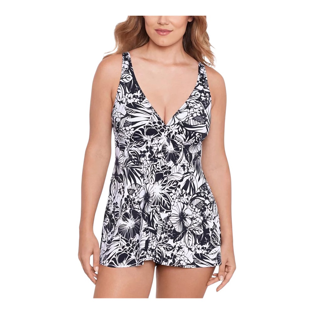 Swim Solutions Womens Floral-Print Flyaway‎ Swimdress Black White Island Oasis 8
